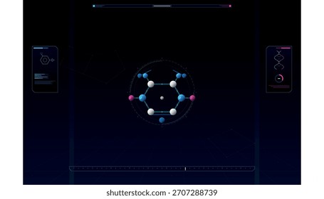 Uma interface de display heads-up futurista (HUD) mostra uma estrutura química complexa de moléculas cercada por painéis de dados abstratos e gráficos de análise científica.