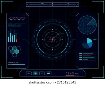 Una interfaz de pantalla frontal futurista (HUD) que muestra una pantalla de radar, gráficos de datos e indicadores de Estado del sistema, con una brújula digital en la parte superior.