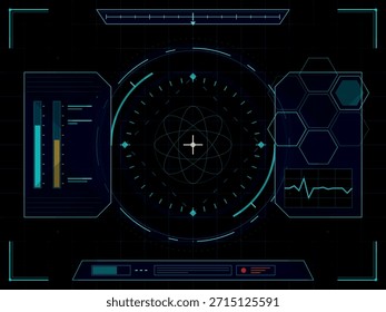 A futuristic heads-up display (HUD) interface featuring scientific graphics, data visualizations, and control elements on a dark background with a grid pattern.