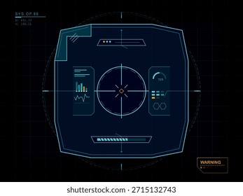 Una interfaz de pantalla frontal futurista (HUD) con una retícula de orientación central, que muestra información del sistema, gráficos y una barra de progreso. El elemento de interfaz de usuario de ciencia ficción presenta una combinación de colores cian y azul contra un fondo de cuadrícula oscuro, con una etiqueta de advertencia prominente.