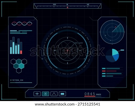 A futuristic heads-up display (HUD) interface showcasing a radar screen, data charts, and system status indicators, with a digital compass at the top.