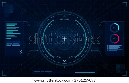 A futuristic heads-up display interface with a circular targeting reticle, digital data readouts, and progress charts on a dark blue grid background for sci-fi and technology concepts.