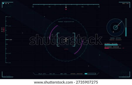 A futuristic heads-up display interface featuring target acquisition graphics, radar, weapon status, and system diagnostics on a dark grid background for a sci-fi gaming aesthetic.
