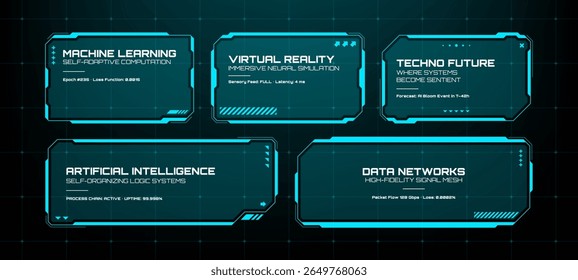 Futuristic head-up display elements for machine learning, artificial intelligence, virtual reality, and data networks.