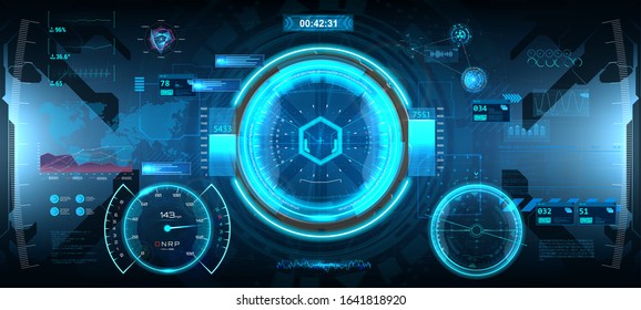 Futuristic Head-up display in HUD style. Sci-Fi cockpit helmet. GUI interface design. Virtual reality View from the cockpit spaceship. Cyberpunk interface. Vector illustration