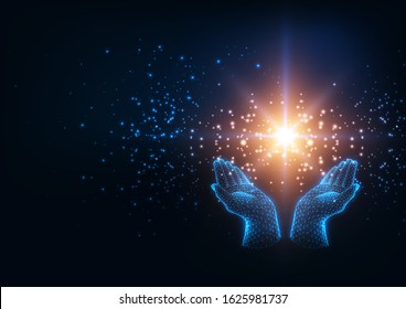 Futuristic healing energy concept with glowing low polygonal human hands holding magic sparkling star isolated on dark blue background. Modern wire frame mesh design vector illustration. 