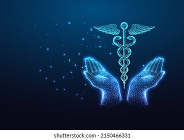 Futuristic health care concept with glow low polygonal hands holding caduceus symbol on dark blue 