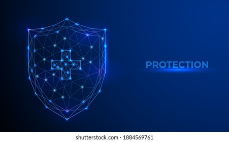 Futuristic health care, disease protection, immunity concept with glowing low polygonal shield and medical cross on dark blue background. Modern wire frame mesh design vector