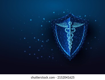 Futuristic health care, medicine concept with glowing caduceus symbol and protective shield 