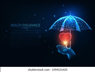 Futuristic health insurance concept with glowing low polygonal human hand holding red heart and umbrella on dark blue background. Modern wire frame mesh design vector illustration.