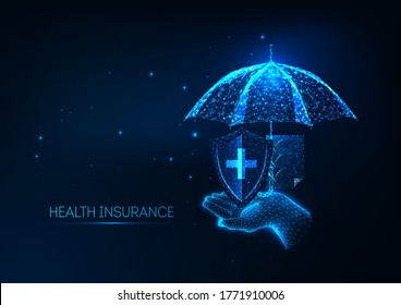 Futuristic health insurance concept with glowing low polygonal hand holding umbrella, protection medical shield and policy document on dark blue background. Modern wireframe design vector illustration