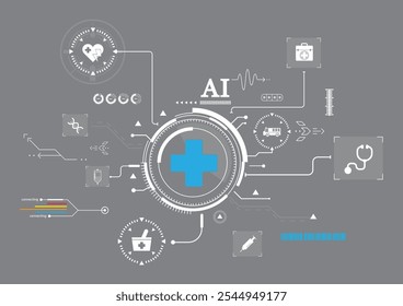 Futuristisches KI-Konzept im Gesundheitswesen - Hintergrund. Medizinisches Icon wie DNA, Herz, Stethoskop und Erste-Hilfe-Kit auf Grau als Symbol für digitale Gesundheit, medizinische Innovation, technologische Integration im Gesundheitswesen