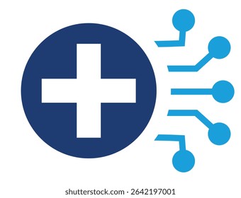 Futuristic healthcare AI concept background. Medical icon like DNA, heart, stethoscope and first aid kit on gray symbolizing digital health,