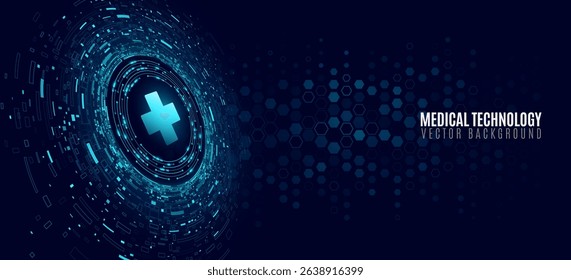 Futuristic healthcare background featuring a glowing blue medical cross surrounded by digital data circuits and hexagonal pattern. Vector illustration.