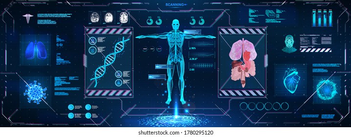 Futuristic healthcare examination HUD style. Complete body scan, DNA, anatomy, organs, skeleton, and biological analysis. Modern tamograph, mri, demographics, body human. Modern medical sci diagnostic