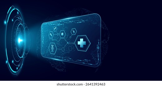 Futuristic healthcare glowing HUD interface featuring a holographic display with medical icons. Medicine technology background for scientific research presentation. Vector illustration.