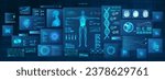 Futuristic healthcare software sci-fi HUD background. Head Up Display in futuristic cyberpunk style. Patient monitoring software, UI, HUD dashboard background. 3D human body scan. Vector background