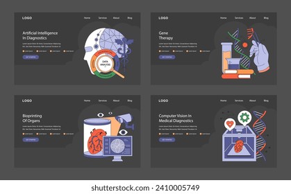 Futuristic Healthcare Technology set. Features artificial intelligence in diagnostics, gene therapy, bioprinting of organs, and medical computer vision. Flat vector illustration.