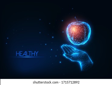 Futuristic Healthy Diet, Nutrition Concept With Glowing Low Polygonal Human Hand Holding Colorful Apple Isolated On Dark Blue Background. Modern Wire Frame Mesh Design Vector Illustration.