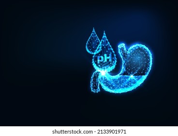 Futuristic healthy stomach acidity concept with glowing low polygonal stomach and drops with pH sign