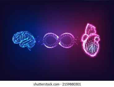 Futuristic heart and brain balance, emotional intelligence concept with glowing organs and infinity