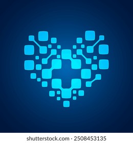 Futuristic Heart shape in blue color with boxes connecting or linking to each other. Plus sign in the heart represents medical and healthcare sector can be used as a logo for hospitals or clinics. 