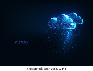 Futuristic heavy storm concept with glowing polygonal clouds, lightning and rain shower on dark blue background. Meteorology. Modern wire frame mesh design vector illustration. 