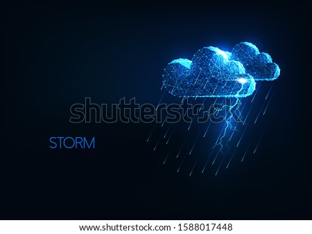 Futuristic heavy storm concept with glowing polygonal clouds, lightning and rain shower on dark blue background. Meteorology. Modern wire frame mesh design vector illustration. 