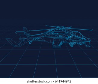Futuristic Helicopter Concept wireframe, perspective 3d technology vector illustration.