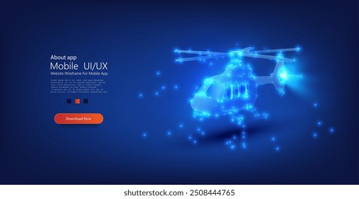 Futuristic helicopter in a glowing blue wireframe design, emphasizing advanced technology and aerial transportation. Vector illustration