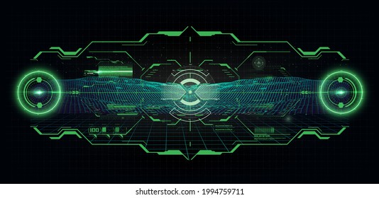 Futuristic helmet or cockpit view in HUD, FUI style. Luminous visual display of vehicle technology. Future virtual sight, dashboard, view frame Futuristic game interface. Virtual Reality Technology