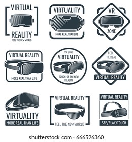 Futuristic helmet virtual reality headset logos. Vr glasses head-mounted display vector labels. Device for reality virtual, illustration of head helmet