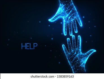 Futuristic help, assistance concept with two glowing low polygonal human hands reaching each other isolated on dark blue background. Modern wire frame mesh design vector illustration.