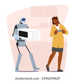 Futuristic Helpful Robot Loader Assists A Woman, Effortlessly Lifting A Heavy Microwave, Showcases Collaboration, Merging Technology And Human Needs With Ease. Cartoon People Vector Illustration