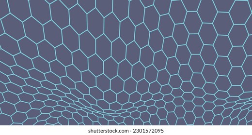 Fondo hexágono futurista. Concepto futurista de panal de miel. Ola de partículas. Representación 3D. Antecedentes de la tecnología de datos. Ilustración vectorial.