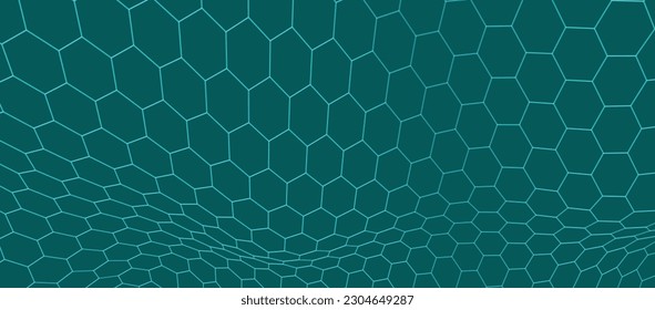 Futuristic hexagon background. Futuristic honeycomb concept. Wave of particles. 3D rendering. Data technology background. Vector illustration.
