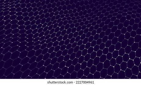 Futuristic hexagon dynamic wave on purple background. Futuristic honeycomb concept. Digital technology webflow. Big data visualization. Vector illustration.