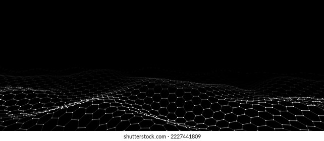 Futuristic hexagon dynamic wave on black background. Futuristic honeycomb concept. Digital technology webflow. Big data visualization. Vector illustration.