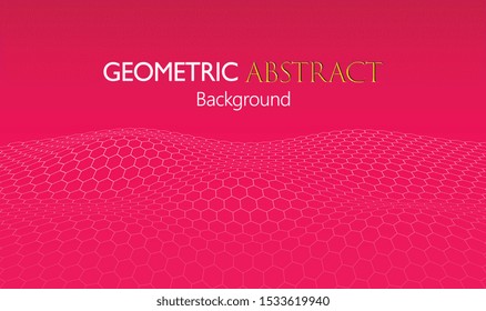 Futuristic hexagon geometric abstract background. Futuristic hexagon perspective wide angle lanscape. Network connection concept pink vector illustration. Technology and wave concept. 3d landscape.