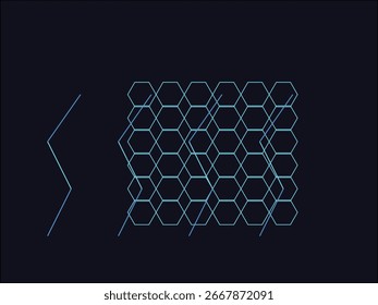 Fundo de grade hexágono futurista com contornos azuis brilhantes e linhas diagonais abstratas em fundo escuro. Design moderno do vetor tecnológico para arte digital, papéis de parede, cartazes e temas de ficção científica.