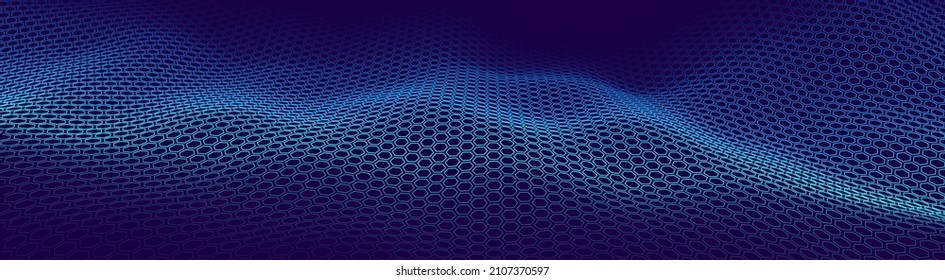 Futuristic Hexagon Grid. HUD Background Design Element. Technology Concept. Ultrawide 3D Landscape. Big Data Vector Illustration. Abstract Technology Wallpaper.