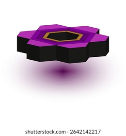 Futuristic hexagon object. Vibrant purple platform. Glossy 3D Vector. Isolated tech emblem.