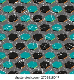 Futuristisches Sechseckmuster mit dynamischen Kratzern und digitalen Rauschelementen in türkisfarbenen, schwarzen und orangefarbenen Farben. Abstrakter technischer Hintergrund für Modestoffe, Tapeten und modernes Branding.