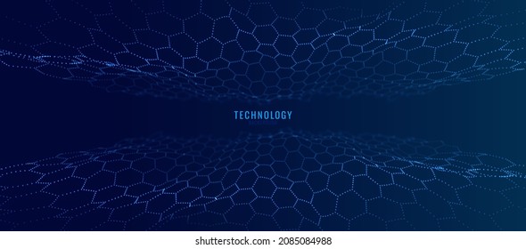 Futuristic Hexagon Perspective Wide Angle Grid. Blue Network Connection Concept. Big Data Digital Background. Vector Illustration