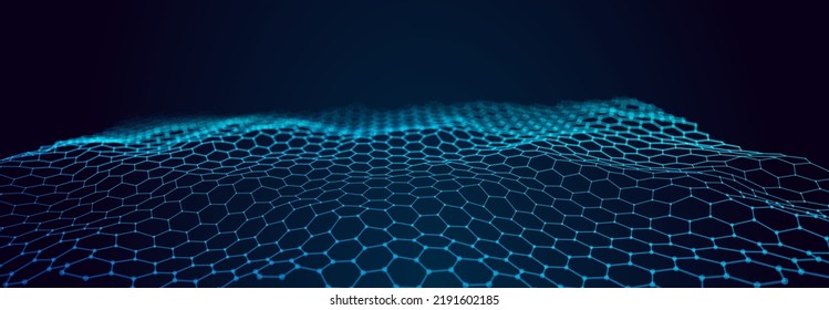 Futuristic Hexagon Perspective Wide Angle Grid. Blue Network Connection Concept. Big Data Digital Background. Vector Illustration