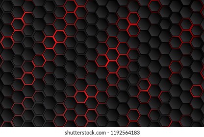 Futuristic hexagon and red light vector illustration. Technology geometric minimal design. Black abstract digital hi tech concept background.