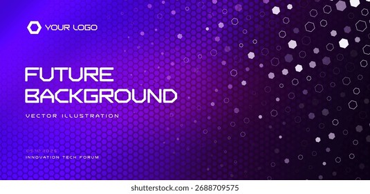 Futuristischer Hexagon-Tech-Hintergrund, violetter Wabengradient mit schwimmenden Partikeln. Für Unternehmen, Fintech-Banner, Präsentationen, Websites, App-Header. Sechseckiges technisches Muster. Vektorgrafik