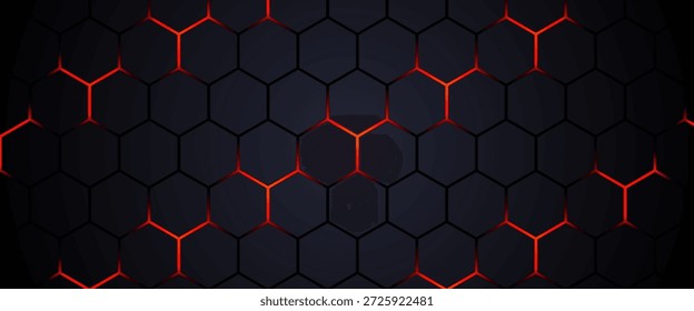 Futuristic hexagon technology background with glowing red edges on dark gradient. Abstract dark hexagon pattern on red neon background technology style.