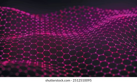 Futuristic hexagon wave. Abstract hexagon wave pattern. Dark cyberspace. Abstract wave with dots and line. 3d vector illustration.