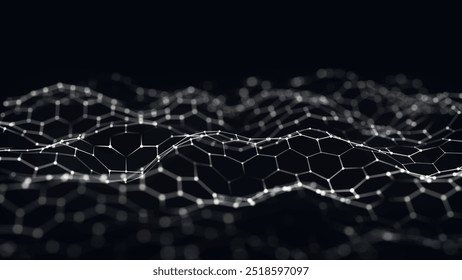 Futuristic hexagon wave. Abstract hexagon wave pattern. Dark cyberspace. Abstract wave with dots and line. 3d vector illustration.